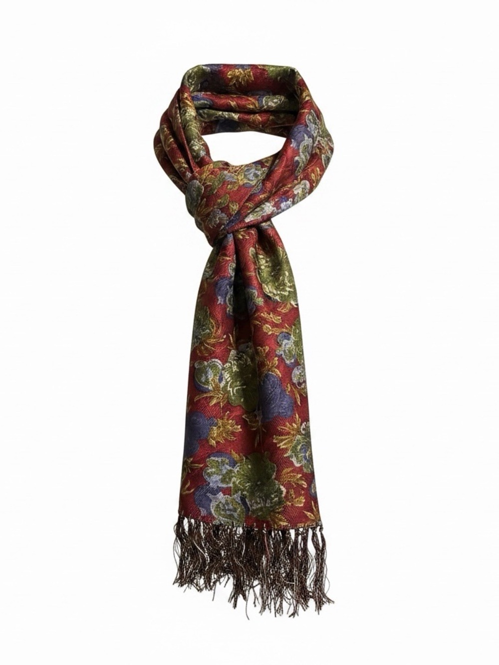 Silk E’Moda Burgundy Floral  Fringe Scarf with Green & Blue Accents